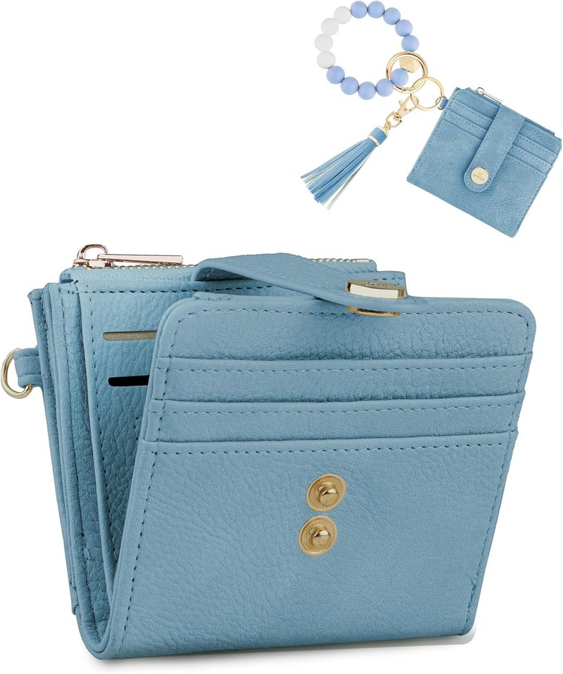 Sunpour Small Wristlet Wallets for Women Keychain Wristlet Wallet RFID Blocking Key Chain Wallet With Zipper Coin Pocket,2 Id Window (Sky Blue) - Image 1
